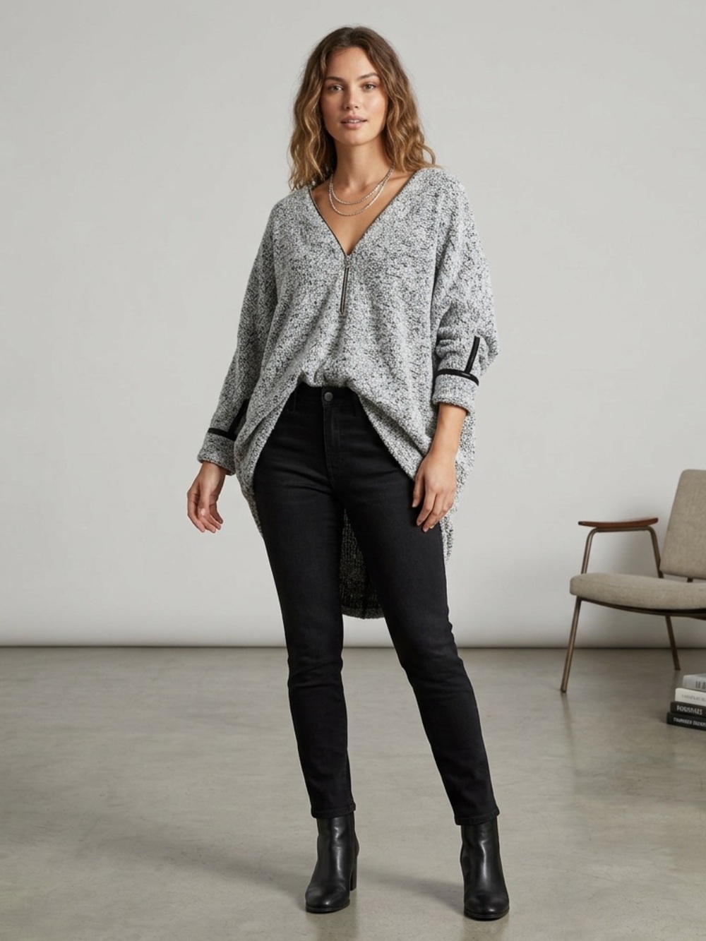 Papillon Blanc Gray Marled Half Zip Sweater with Black Trim